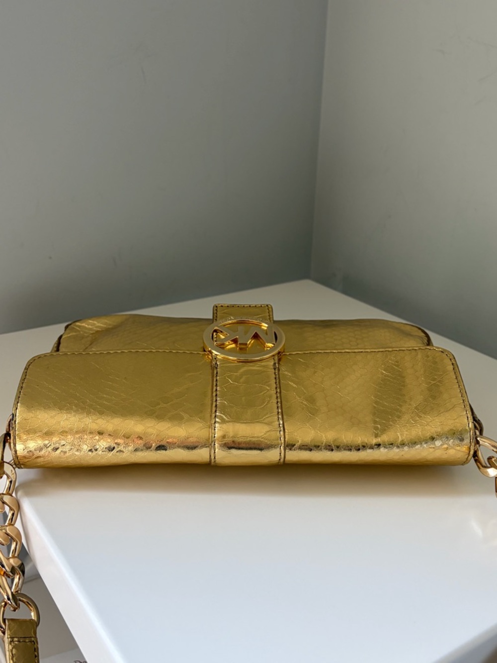 Michael Kors Metallic Gold Snake-Embossed Shoulder Bag with Charm - Picture 6 of 12
